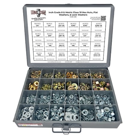 Boltsandnuts.Com Inch & Metric Grade 8 Hex Nut, Flat & Lock Washer Assortment - 1151 PCS Assortment Kit #218